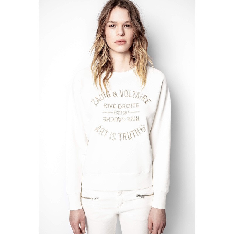 

Zadig Voltaire Designer Sweatshirt New Women Classic Pullover Jumper White Letter Silver Embroidery Pure Cotton Embroidery Fashion Sweater, Pink
