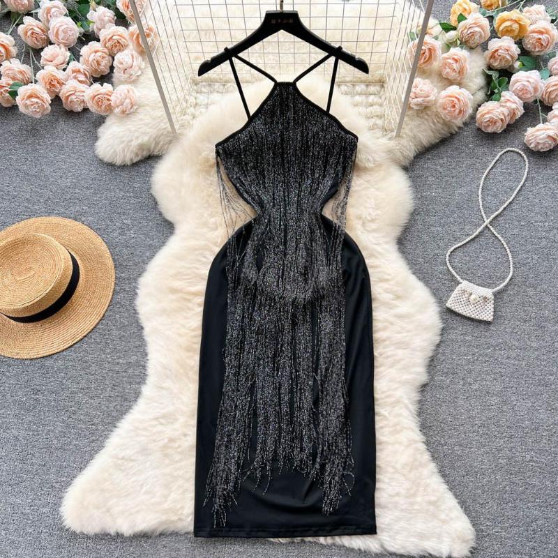 

Casual Dresses Foamlina Sexy Women Black Tassels Bodycon Party Dress Elegant Summer Spaghetti Strap Sleeveless Backless Slim Evening Club