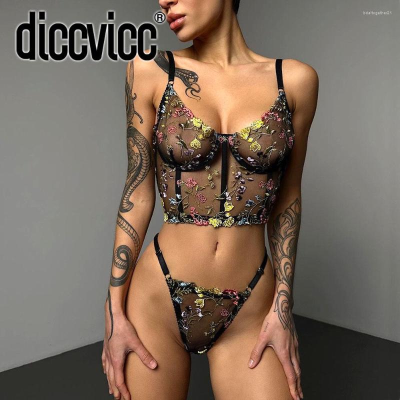 

Bras Sets Diccvicc Fancy Women Underwear Floral Embroidery Tube Top Bra Panty Set Transparent Sexy Lace Female Lingerie Black Intimate
