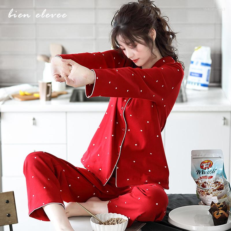 

Women's Sleepwear Women Pajamas Homewear Suits Heart Print Pijama Set Spring Autumn Long-Sleeve Femme Red Pyjama Winter Underwear, 18caomei