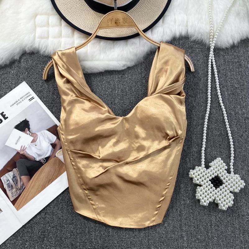 

Women's Tanks Sleeveless Casual Camis For Women Summer V-neck Satin Solid Coluors Skinny Femme Corset Crop Tank Tops Camisoles Dropship, Black