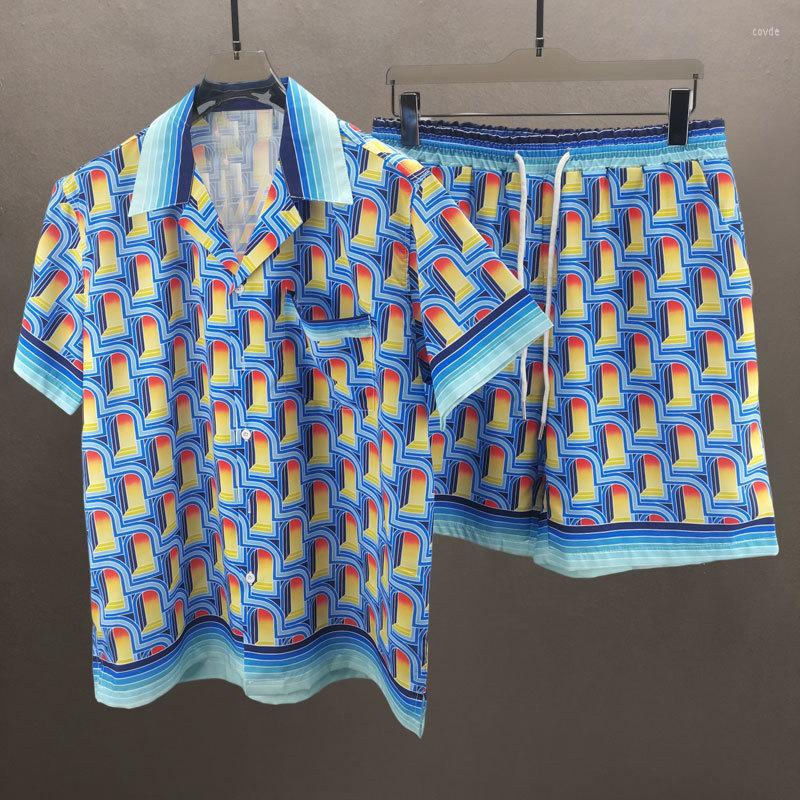 

Men's Tracksuits Summer Contrasting Geometric Print Lapel Streetwear Shirt Suit Short-sleeved Set Short Top For Men Casual Homme, Picture