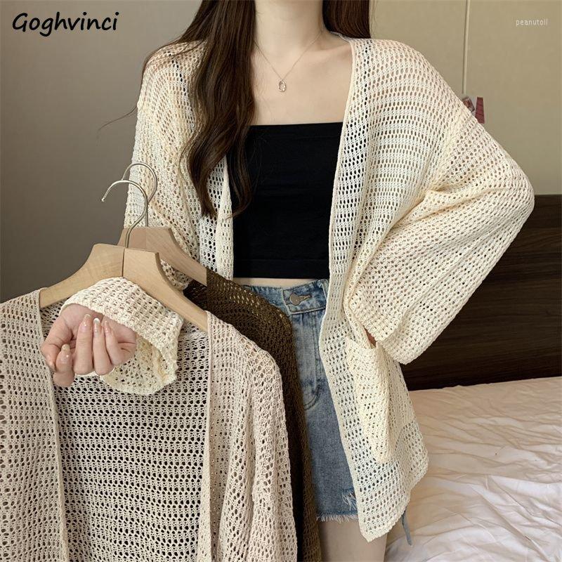 

Women' Knits Cardigan Women Hollow Out Design Summer Knitting Fashion Simple Solid All-match Loose Elegant Leisure Sun-proof Daily Ladies, Apricot cardigan