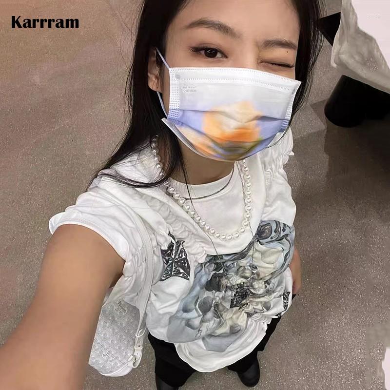 

Women' T Shirts Karrram Jennie Same Tops Korean Fashion Irregular Crop Grunge Fairycore Print T-shirts Y2k Aesthetics Chic Designer Clothes, White