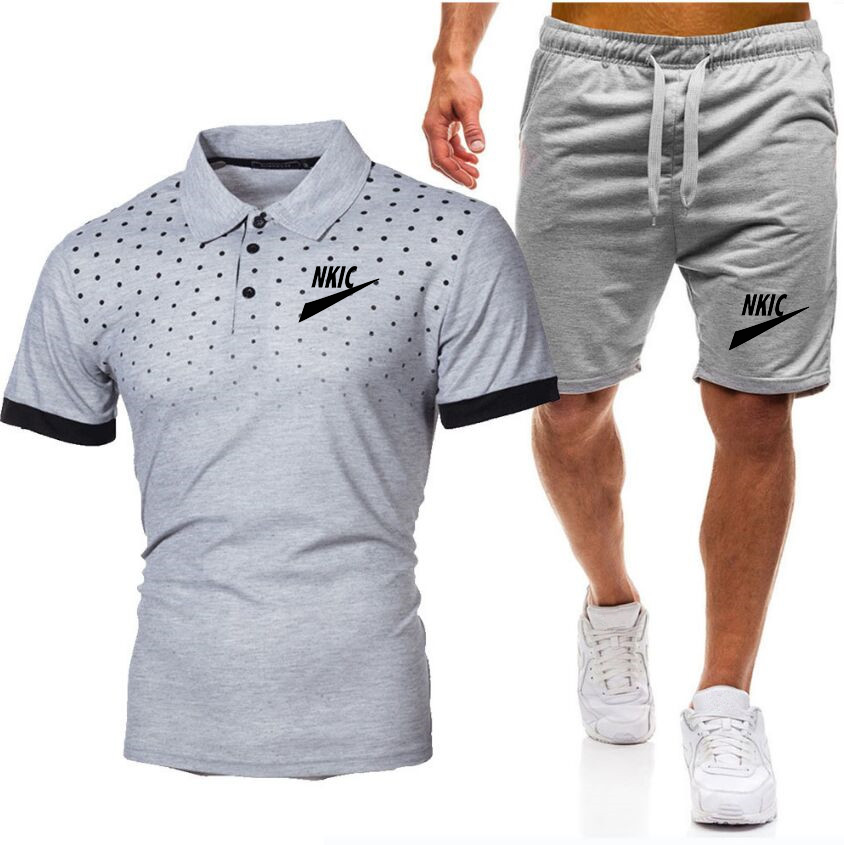 

Summer Mens Sportswear Brand LOGO Fitness Suit Running Clothes Casual T-shirt Shorts Sets Breathable 2 Piece Jogging Tracksuit Men, Gray 1