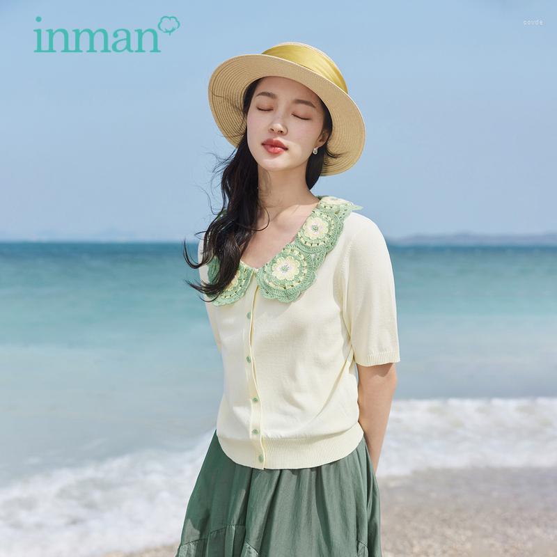 

Women' Knits INMAN Women Knitwear 2023 Summer Short Sleeve Crochet Collar V-neck Loose T-shirt Single Breasted Casual Chic Yellow Tops, Ginger