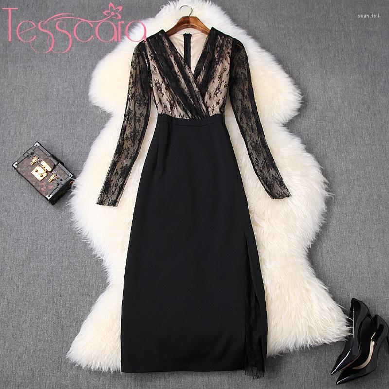

Casual Dresses TESSCARA Women Runway Designer Long Pencil Dress Festa High Quality Elegant V-Neck Party Robe Vintage Lace Cocktail Vestidos, Black