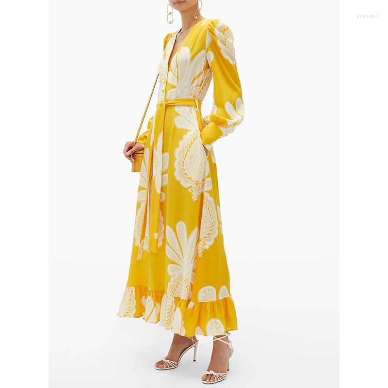 

Casual Dresses Vacation Bohemian Yellow Floral Printed Long For Women 2023 Summer Boho Elegant Ruffles V-neck Sleeve Maxi Dress