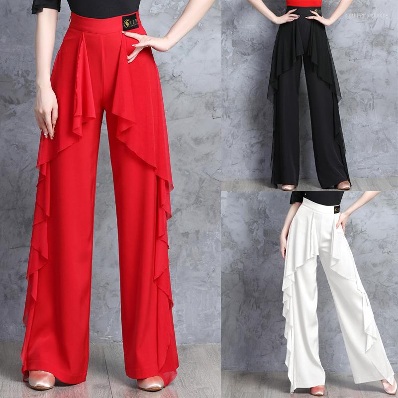 

Stage Wear Ruffles High Waist Wide Leg Modern Dancing Pants Adults Ballroom Latin Dance Competition Women Practice XS5813, White pants