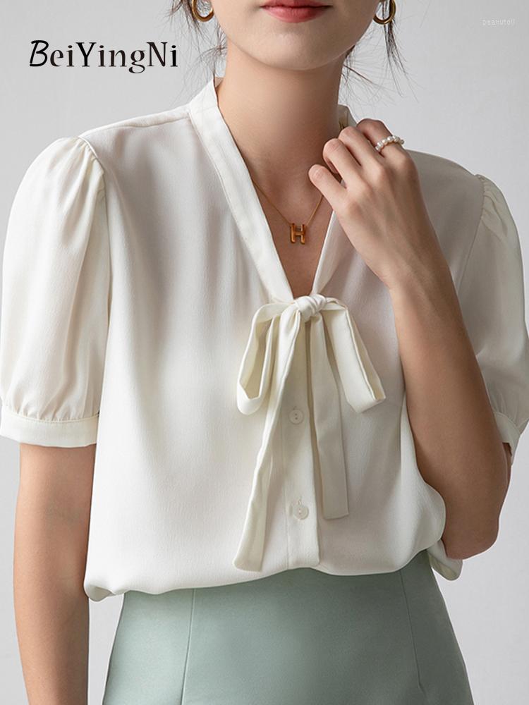 

Women' Blouses Beiyingni Summer Short Sleeve Tops Female Bow Satin Stylish Shirt Women Casual Elegant Vintage Plain Blusas Korean Chic, Apricot