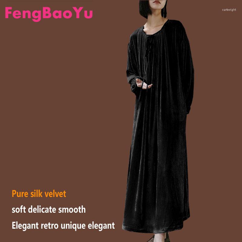 

Casual Dresses Fengbaoyu Original Design Silkworm Velvet Spring Autumn Lady's Pleated Dress Long-sleeved Loose Swing Long Robe Soft, Purple