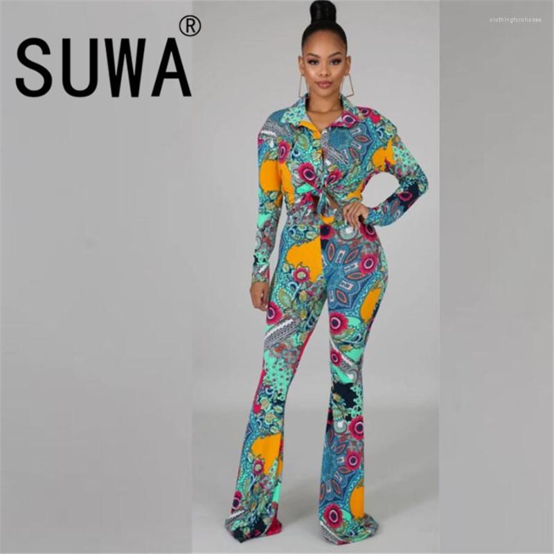 

Women' Two Piece Pants Fashion European And American Products Printed Casual Trousers Single-Breasted Shirt Women' Suit Spot, Blue