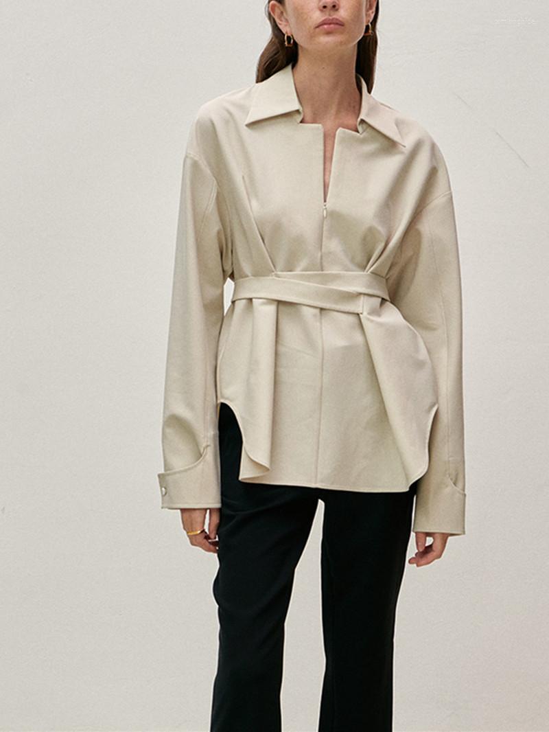 

Women' Blouses Waist Lace-Up Half-Zip Shirt Spring Summer Ladies Asymmetric Hem Long-Sleeved Turn-Down Collar Blouse Tops