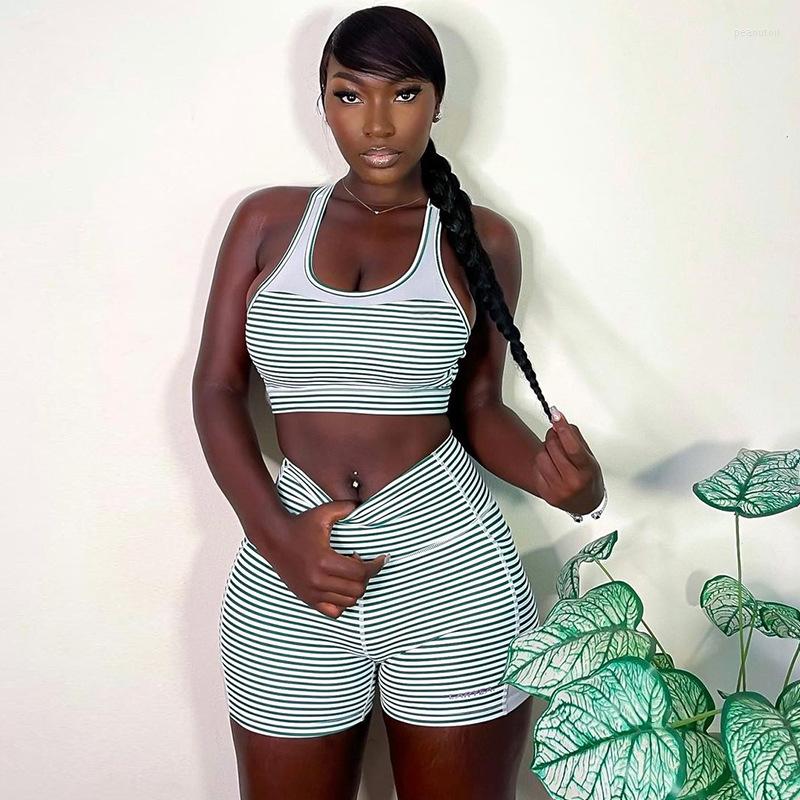 

Ethnic Clothing 2023 Fashion Stripe Print Wrapped Chest Tank Top And Shorts Two Piece Fitness Yoga Set For African Women Summer Outfit