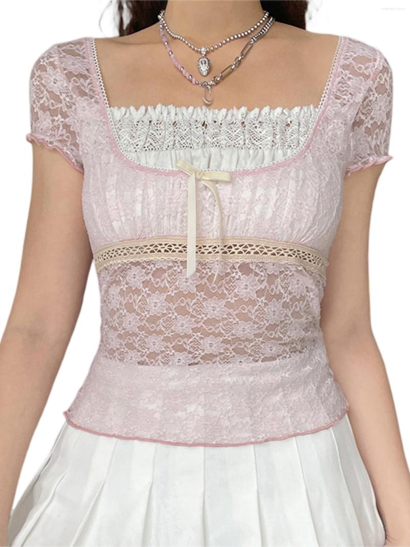 

Women' Blouses Women Y2k Fairy Lace Crop Top Short Long Sleeve V Neck Trim Aesthetics Vintage Summer Shirt E Girl Streetwear, B-purple