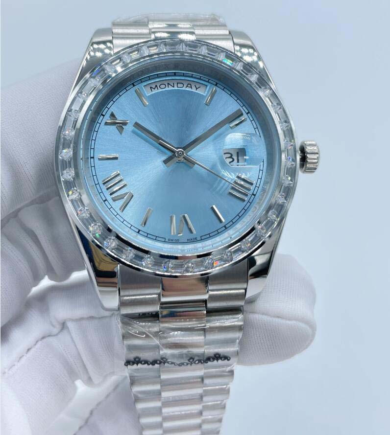 

Classic style Men' s Wristwatches 41mm Ice blue dial Diamond bezel sapphire Luminous Auto Date Super Quality CAL. 2813 automatic machinery 228396 Men watches