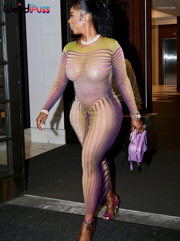 

Casual Dresses Weird Puss Sexy Striped Print Party Dress See Through Women Summer Skinny Elastic Stretch Streetwear Maxi Bodycon Slim, Pink