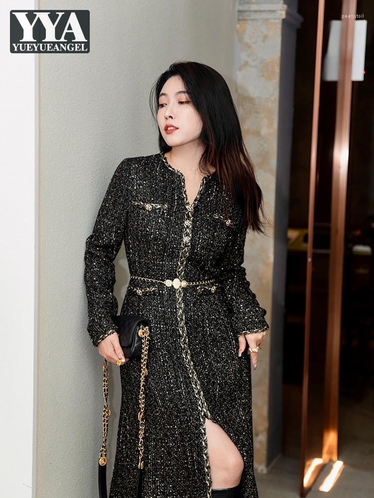 

Casual Dresses High Quality Women Elegant V Neck Single Breasted Mid Calf Long Dress Brand Autumn Vintage Ladies Party Designer Tweed, Black