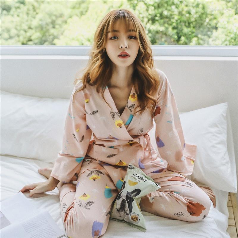 

Women's Sleepwear Japanese Women's Kimono Pajamas Trouser Suits Cotton Butterfly Print 2Pcs Women Sets Pink Pyjama Pour Femme Bandage, Color1