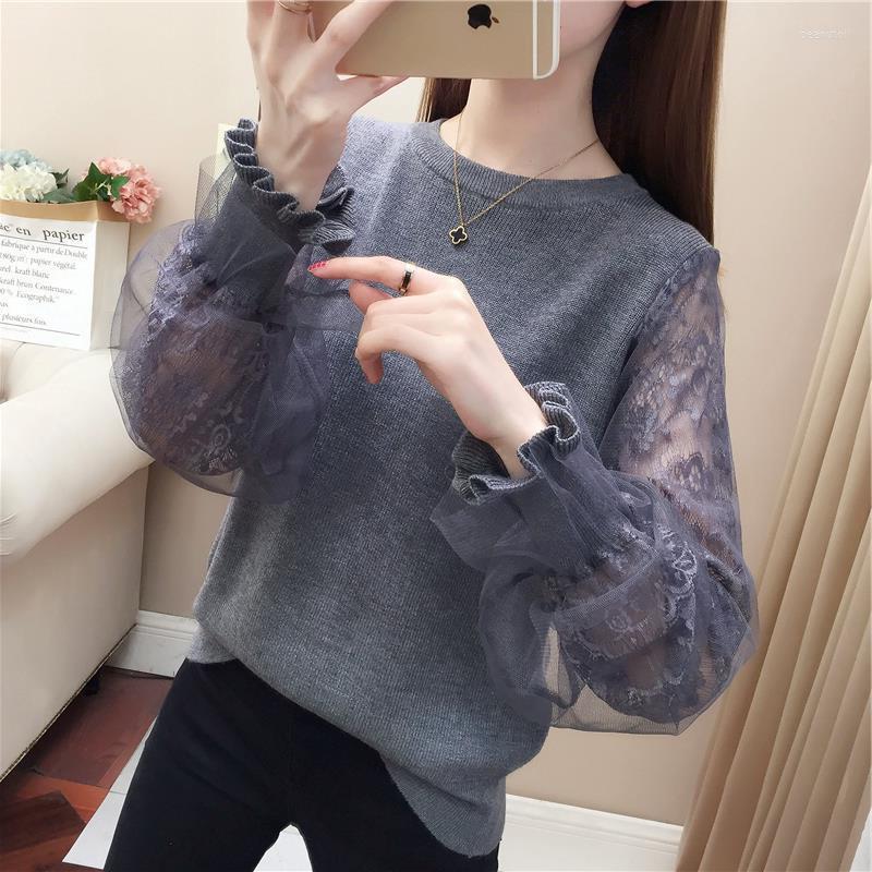 

Women's Sweaters 2023 Woman Mesh Long Sleeve Knitted Sweater Female O-neck Loose Lazy Stitching Lantern Lace Bottoming Jumper Spring, Gray
