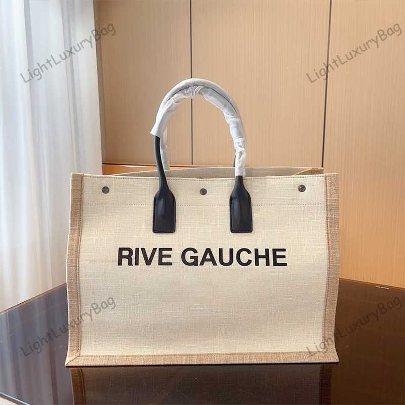 

Fashion Rive Gauche Linen Leather Tote Bag Large Capacity 48cm Women Handbags Men Light Canvas Shopping Bags Weave Pocket Summer Travel Beach Bags Star Style 230607, Style1-khaki with khaki border
