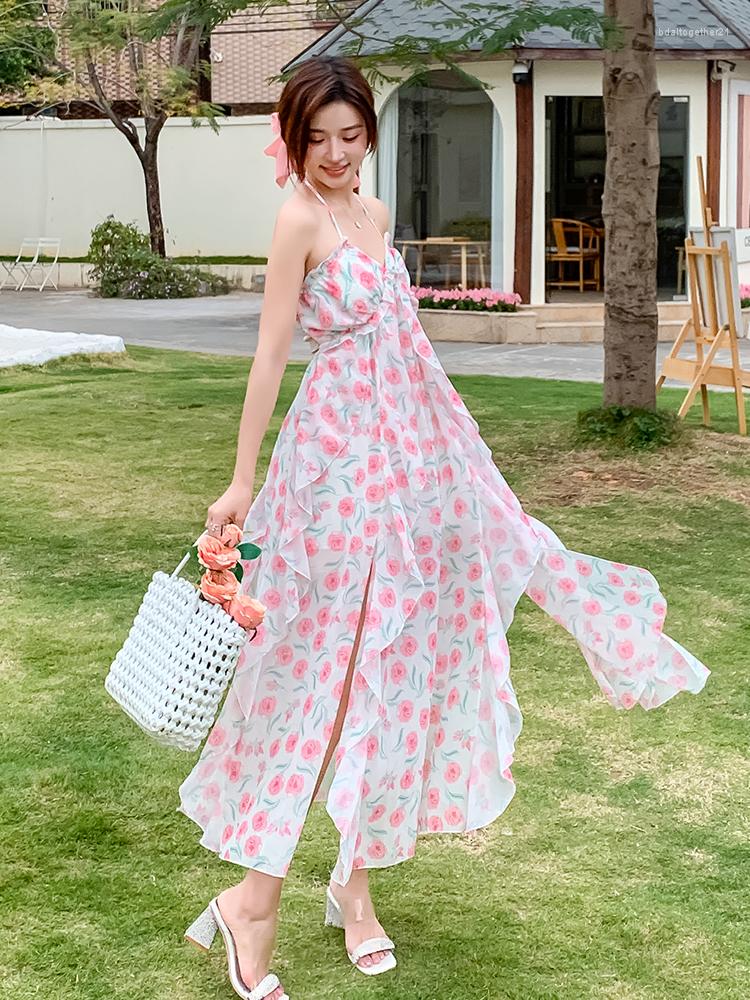 

Casual Dresses Summer Sexy Midi Split Dress Women Fashion Pink Floral Print Backless Beach Sundresses Slim Slip Sleeveless Ruffles 2023