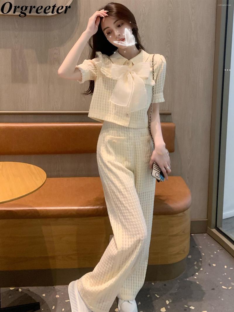 

Women' Two Piece Pants Summer Short Sleeve Lapel Shirt Trousers Sets 2023 Sweet Pearl Bowknot Tshirt Suits Female Women' 2, Light yellow