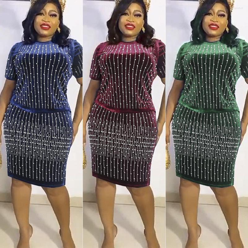 

Ethnic Clothing 2023 African Clothes Women Spring Autumn Short Sleeve O-neck Two Pieces Sets Top And Skirt Suit