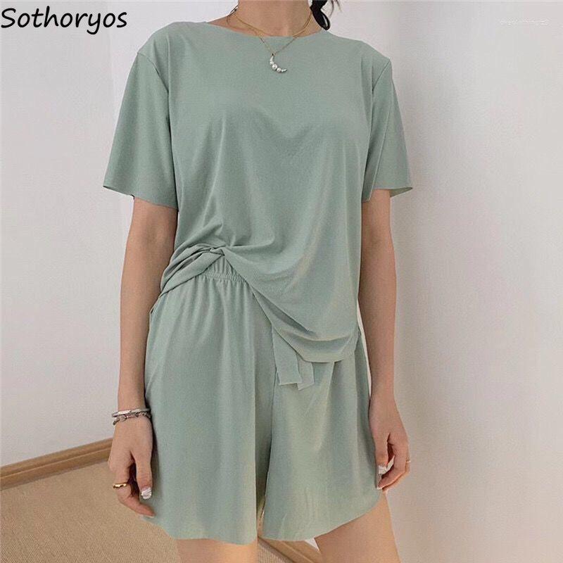 

Women's Sleepwear Women Pajama Sets Loose Solid Short Sleeve Tops And Shorts Cozy Satin Summer Breathable Home Lounge Simple Casual Ins, Pink