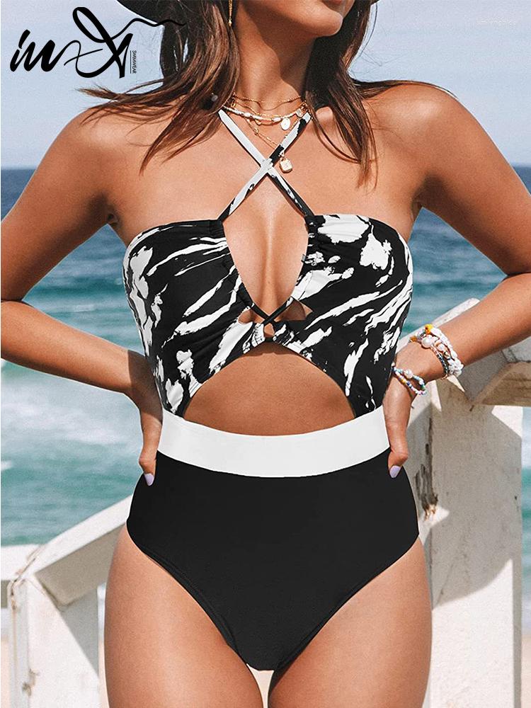 

Women's Swimwear In-X Black One Piece Swimsuit Women 2023 High Waisted Push Up Bikini Crisscross Monokini Womens Bathing Suit, X23sw0551-3