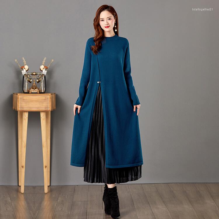 

Casual Dresses 2023 Autumn Winter Knitted Women Long Sleeve Warm Thicken Elegant Patchwork Dress, Black