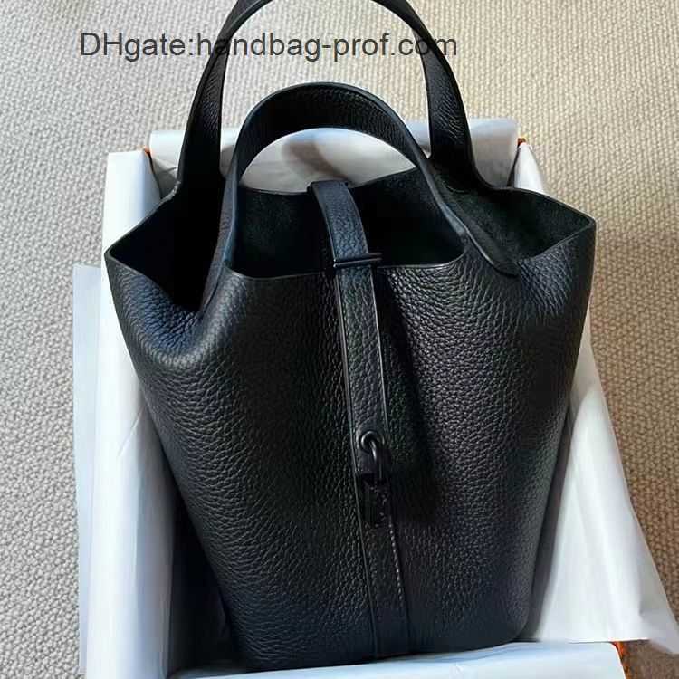 

Picotin Bags Women's Handbags Home h Vegetable Basket Togo Cow Leather Bag Female Bucket Bag Versatile Handbag, Black buckle