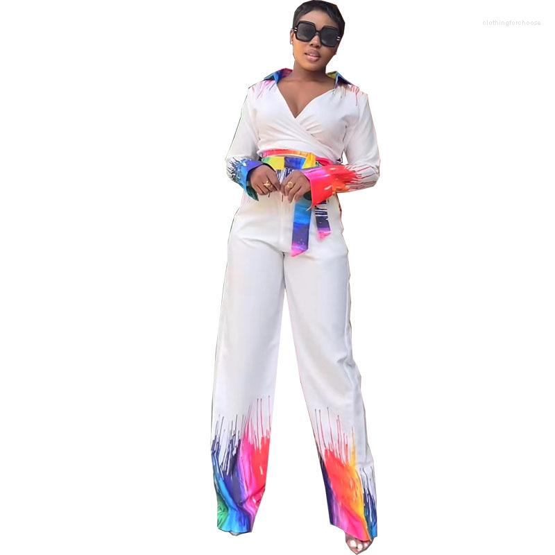 

Women's Two Piece Pants 2023 Patchwork Fashion Set Tracksuit Full Sleeve V-neck Bandage Suit Sport Running Lady Outfits, White