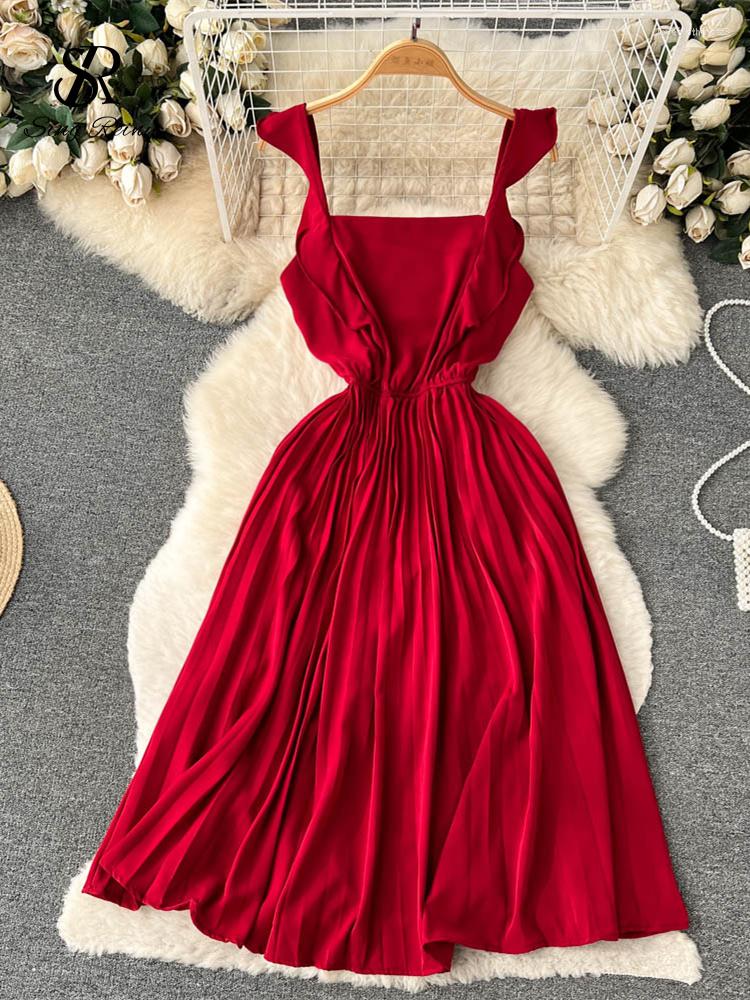 

Casual Dresses SINGREINY Vacation Sexy Slim Camis Dress Women Sleeveless Elastic Waist Fashion Blackless Midi Long 2023 Pleated Party, Apricot