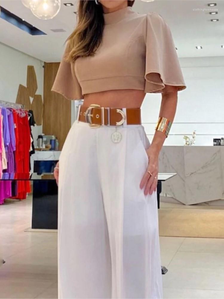 

Women' Two Piece Pants Top Loose Belted 2 Set Female Streetwear Clothes Elegant Women Solid Ruffled Sets Casual Short High Waist, Black