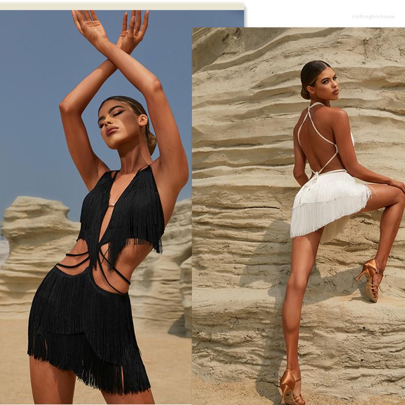 

Stage Wear Black White Pink Fringe Latin Dress 2316