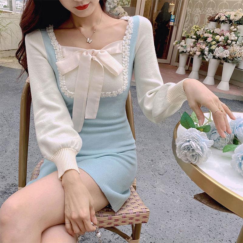 

Casual Dresses Winter Kawaii Knitted Dress Women Bow Patchwork Sweet Party Mini Female Korean Elegant Slim Knitwear Sweater 2023, Sky blue