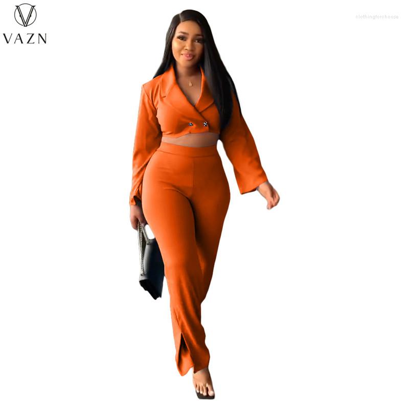 

Women' Two Piece Pants VAZN 2023 Fashion Street Casual Style Sets Long Sleeve Lapel Short Top Elastic Pure Color Lady Set, Black