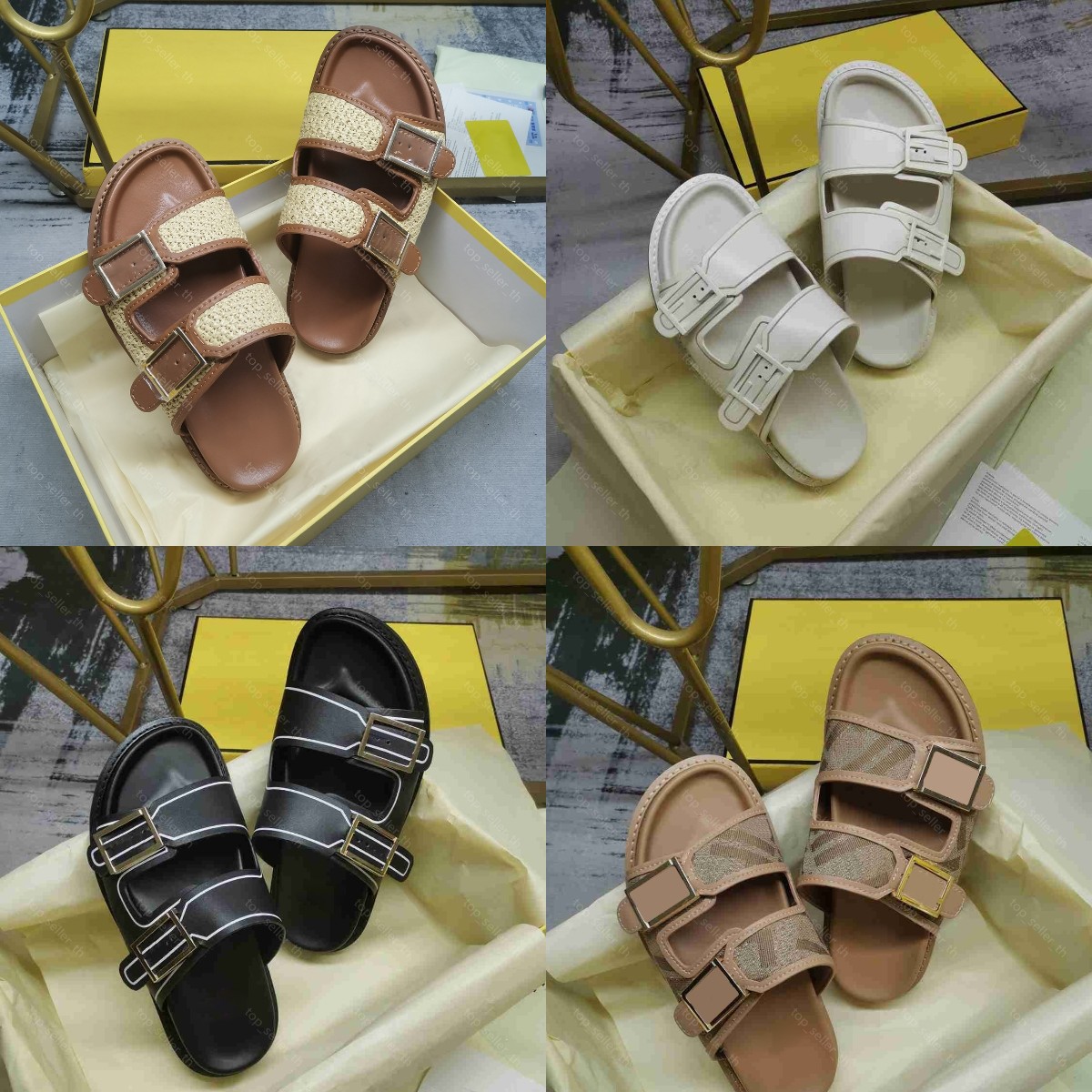 

Feel Slide Double-Band Flat Slides F Raffia Slipper Designer Sandals Men Women Slippers Baguette Decorative buckle Flat Sandal With Box, D9