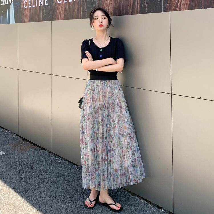 

Skirts Quality High Waist Floral Pleated Double Mesh Printed Large Swing Skirt Women Spring Summer Autumn Yarn Long, Red