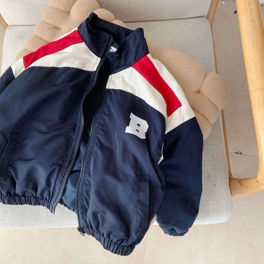 

Children's outerwear Spring and Autumn New Product Boys' Sports Top Jacket Color blocking Design Polyester 100% Fiber Fabric High Quality Baby Clothing 2 to 14 Years Old, Navy blue