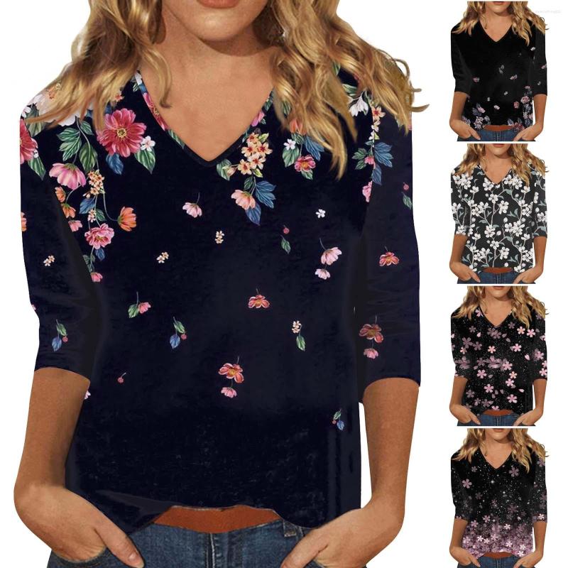 

Women's T Shirts Summer Women's Printed Casual T-Shirts Tops Dress 3/4 Sleeve V Neck Pullover Ropa De Mujer, Blue