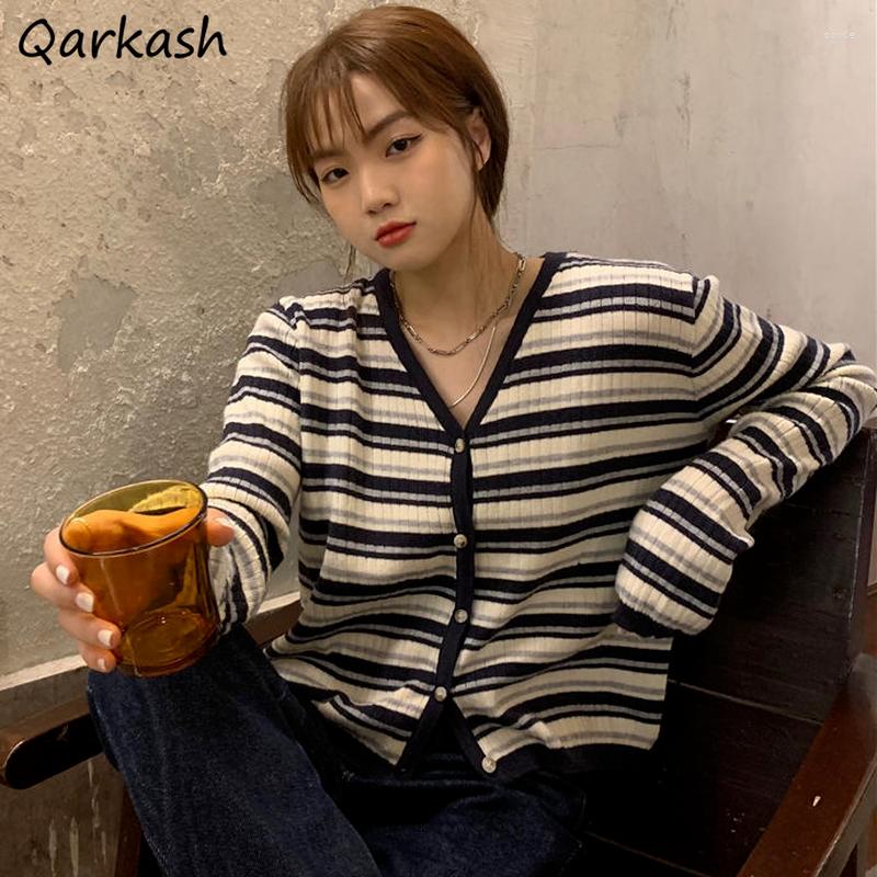 

Women' Knits Cardigan Women Korean Style Ins Striped V-neck Student Aesthetic Female Single Breasted Chic Fall Retro Sweater Daily Jumper, Black