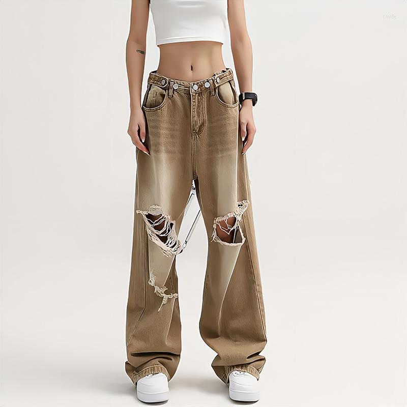 

Women's Jeans Retro Y2k Baggy Pants Brown Ripped Women Streetwear High Waist Gradient Color Fashion Casual Mopping Trousers, Dark grey