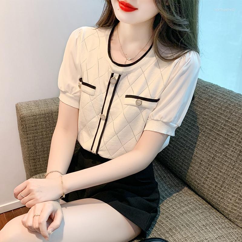 

Women's T Shirts Knitted T-Shirt With Chiffon 2023 Summer Korean Edition Small Fragrance Round Neck Temperament Thin Short Sleeve Top Women, Beige