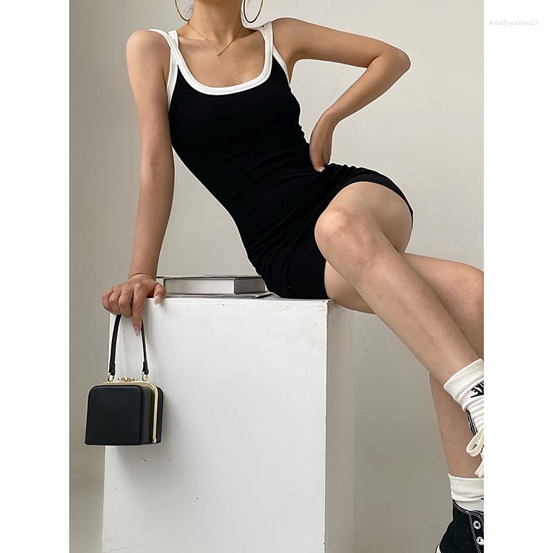 

Casual Dresses Spicy Girl Strap Dress Design Sense American Style Sports Cool Pull Tank Top Short Elegant Ropa Mujer Robe Femme Vetemen, Black