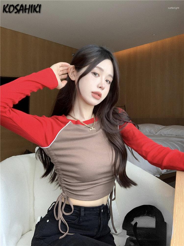 

Women' T Shirts 2023 Grunge Contrast Color Crop Top Vintage Ribbed Long Sleeve Y2k Aesthetic T-shirt Fashion Sexy Slim Tee Drawstring, Red coffee