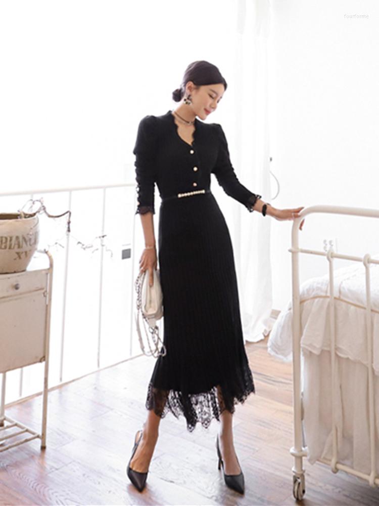 

Work Dresses 2023 Autumn Women Two Piece Knitting Lace Patchwork Skirt Set Casual Lady Springr Female Suits, Black