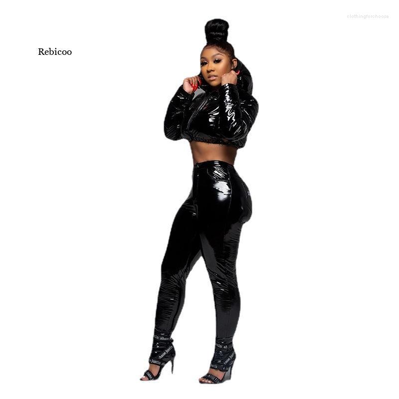 

Women' Two Piece Pants 2023 Winter Women PU Suit Hooded Short Navel Thick Slim Cotton Jacket Hip-Up Low-Waist Shiny Casual Ladies Pieces, Red set