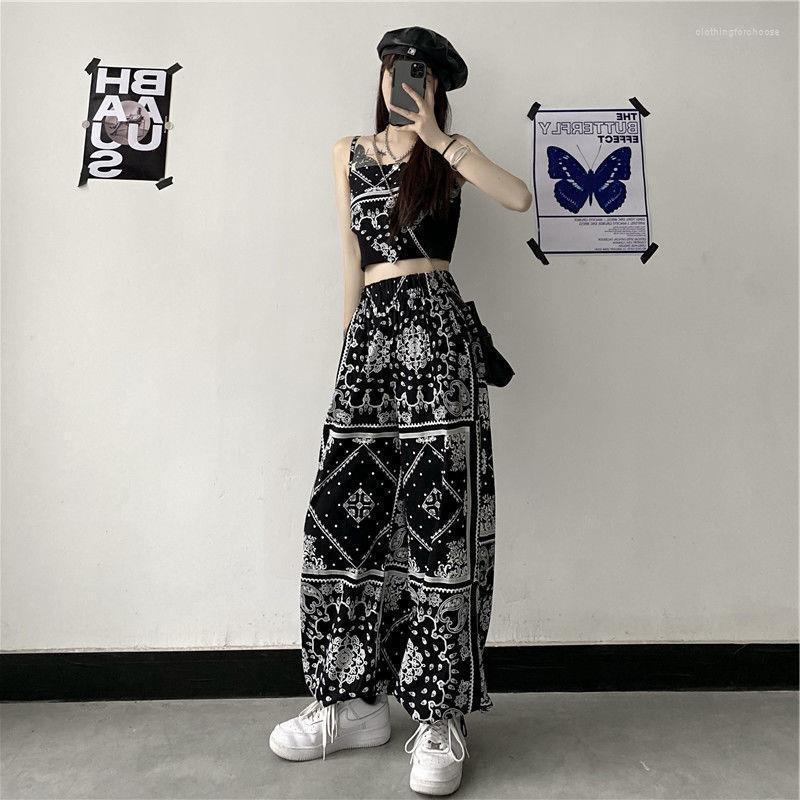 

Women' Two Piece Pants 2023 Fashion Suit Women' Summer Korean Print Loose Corset Slacks Short Slim Suspender Two-piece Trend, Black